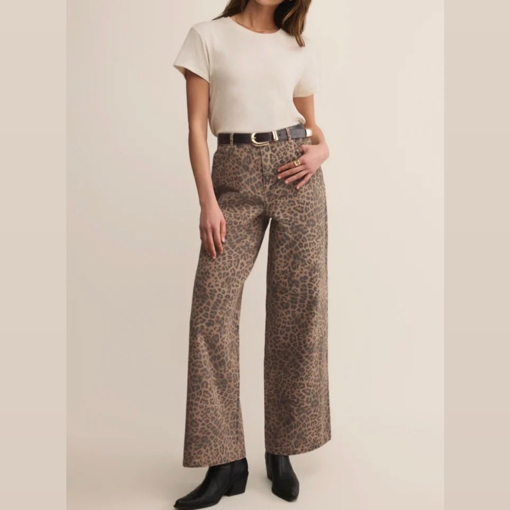 Z Supply Leopard Print Wide Leg Jeans in Tan and Brown